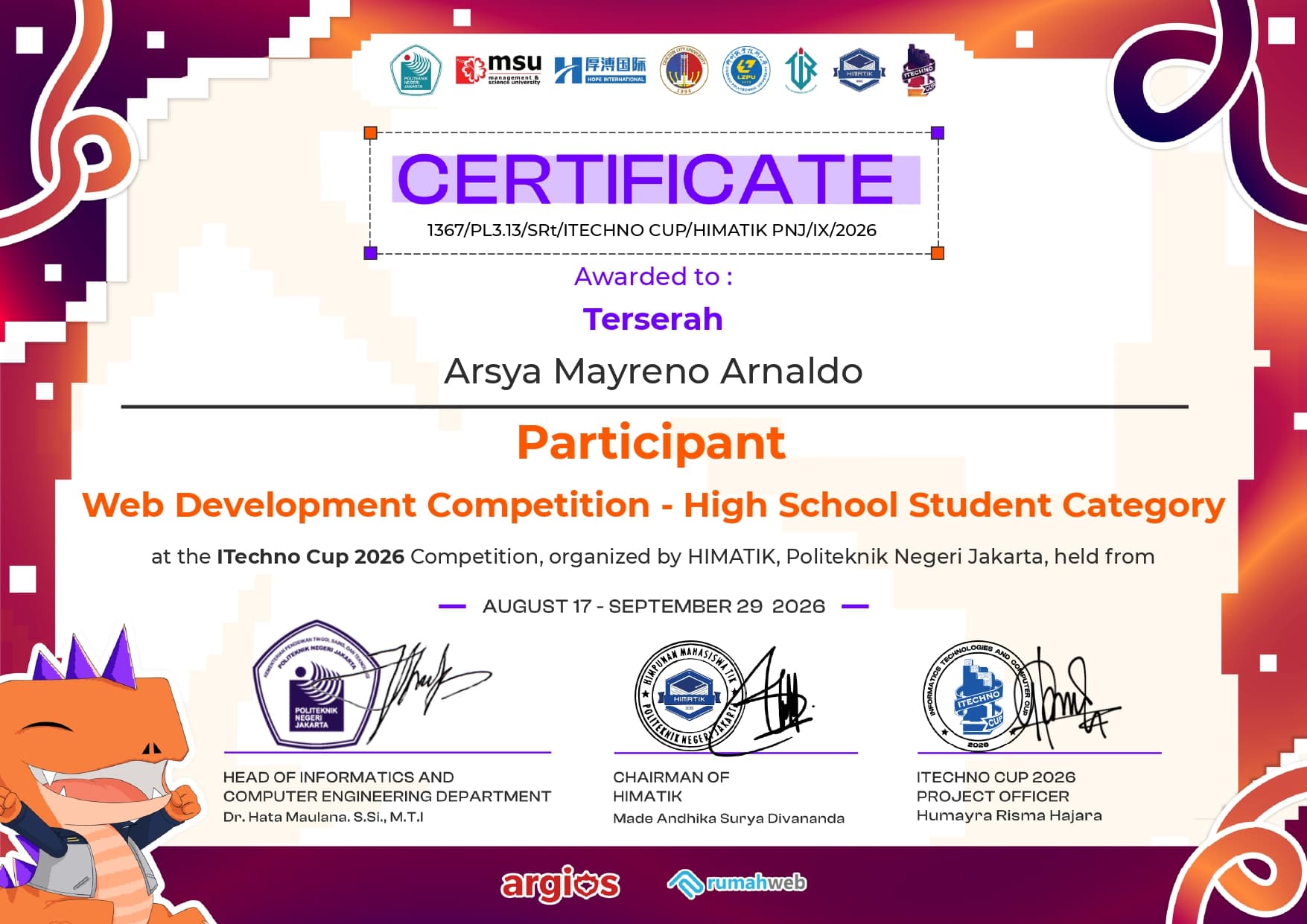Certificate of ITECHNO CUP 2026